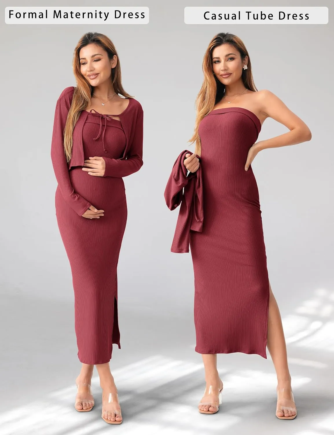 SUNNYBUY Baby Shower Maternity Tube Dress Short Cardigan Bodycon Ribbed Maxi Dress Casual 2 Piece Pregnancy Outfit Set