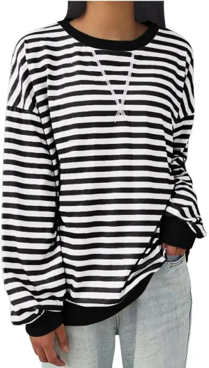 TANGNADE Womens Oversized Striped Blouse Color Block Long Sleeve Shirt Crewneck Pullover Striped Outfits Casual Clothes