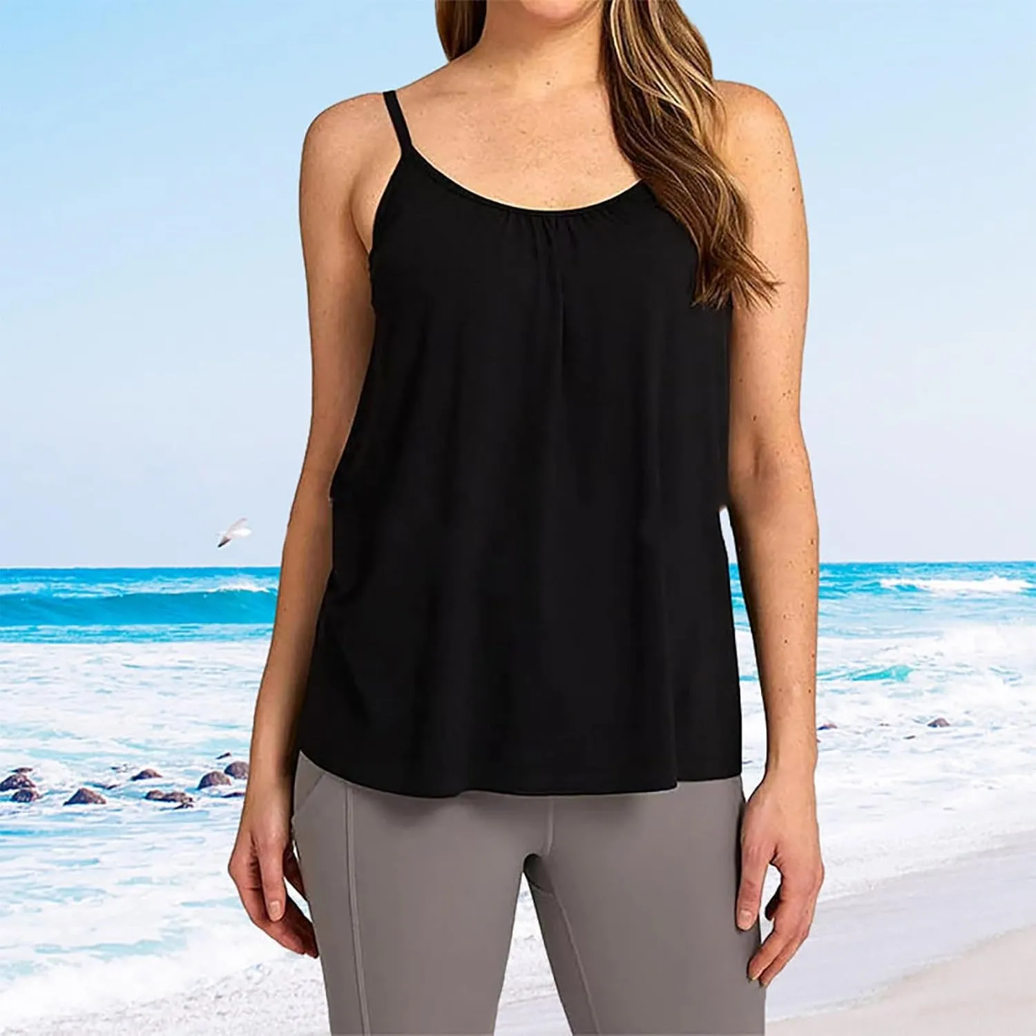 Tank Top with Built in Bra for Women Spaghetti Strap Quick Dry Plus Size Yoga Shirts Basic Layer Padded Bra Tank Top