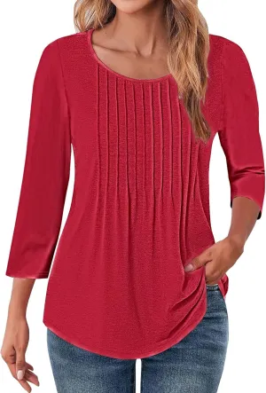 Tops for Women Trendy Short Sleeves Pleated Crewneck Tunic Blouses Solid Gradient Graphic Tees Summer Shirts