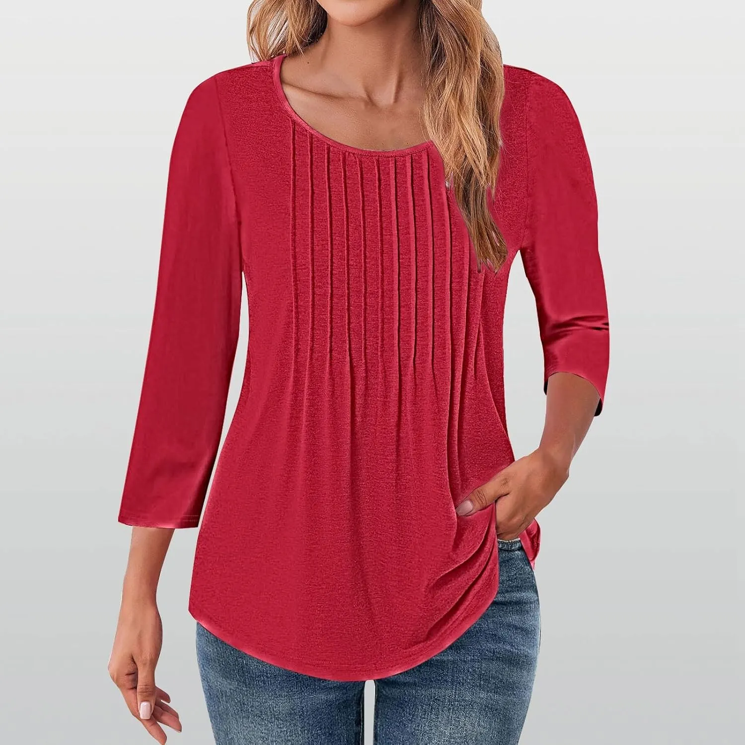 Tops for Women Trendy Short Sleeves Pleated Crewneck Tunic Blouses Solid Gradient Graphic Tees Summer Shirts