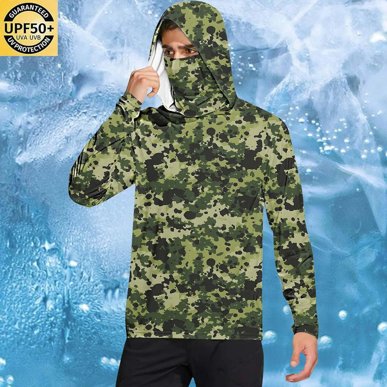 UPF 50  Fishing Shirts for Men Long Sleeve UV Sun Protection Hoodie Camo Tops Outdoor Hiking Running Swim Rash Guard