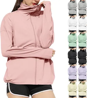 UV Protection Jackets with Hoodie for Womens Full Zip Up Lightweight Summer Sun Protect Coat with Pockets & Thumb Hole