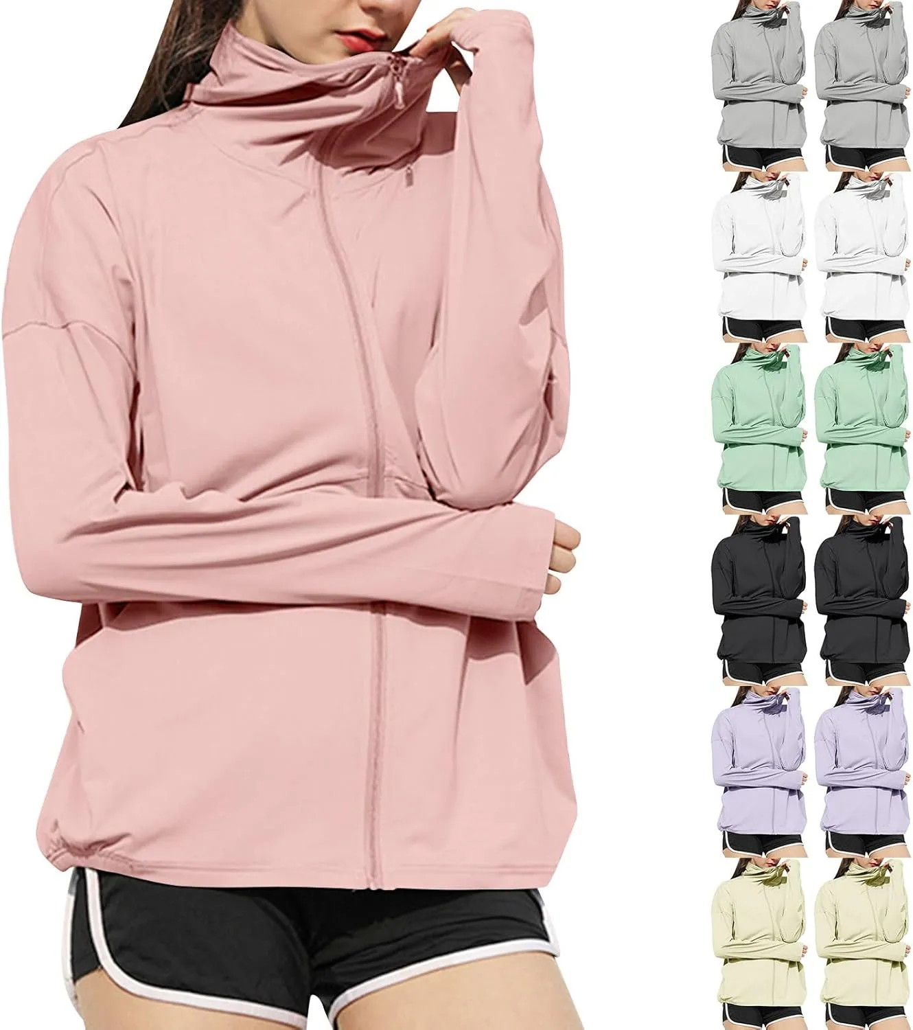 UV Protection Jackets with Hoodie for Womens Full Zip Up Lightweight Summer Sun Protect Coat with Pockets & Thumb Hole