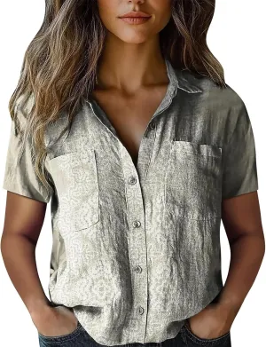 Vintage Boho Tops for Women Floral Print Button Down Shirt Casual Short Sleeve Lightweight Fashion Linen Blouses