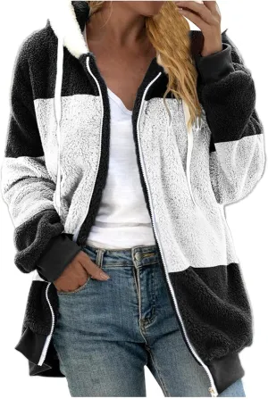Winter Coats For Women,Women Fleece Hooded Jacket Warm Fuzzy Fluffy Sherpa Jacket Two Pockets Coat Outwear