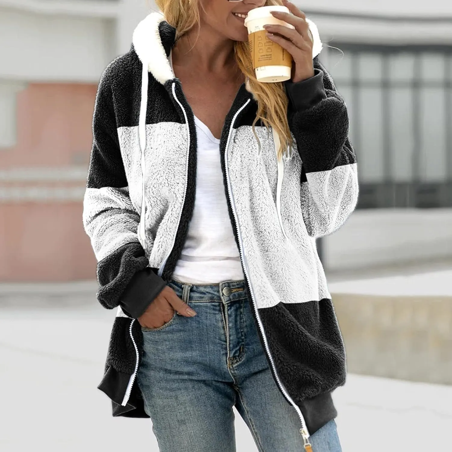 Winter Coats For Women,Women Fleece Hooded Jacket Warm Fuzzy Fluffy Sherpa Jacket Two Pockets Coat Outwear