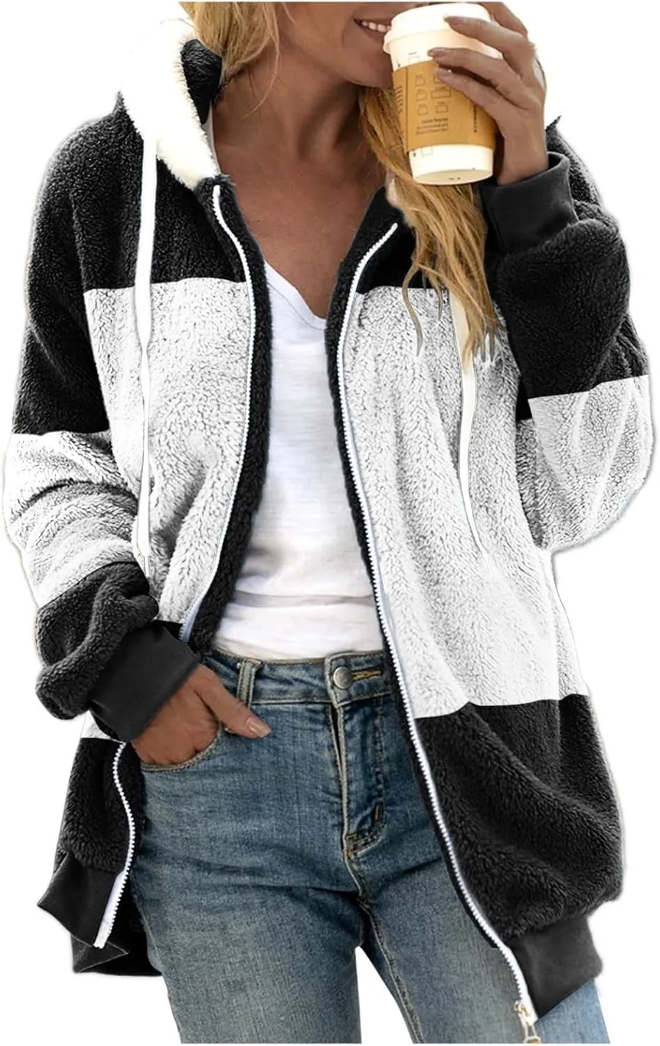 Winter Coats For Women,Women Fleece Hooded Jacket Warm Fuzzy Fluffy Sherpa Jacket Two Pockets Coat Outwear