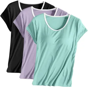 Women 3pcs Shirts with Built in Bra Short Sleeve Crewneck T-Shirts Modal Padded Pajamas Wireless Bra Tops Yoga Shirts