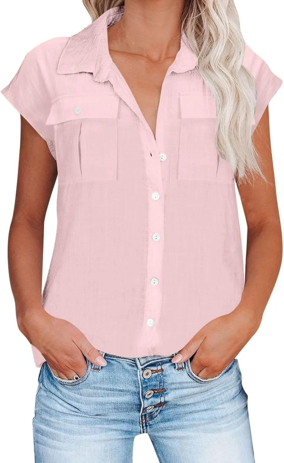 Women Cap Sleeve Button Down Shirts Summer Cotton Work Tees Blouse Lapel Collar Loose Tops Casual Solid T-Shirt