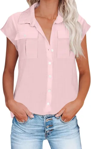 Women Cap Sleeve Button Down Shirts Summer Cotton Work Tees Blouse Lapel Collar Loose Tops Casual Solid T-Shirt