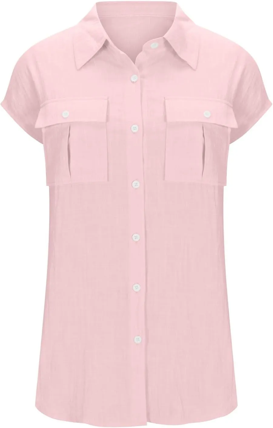 Women Cap Sleeve Button Down Shirts Summer Cotton Work Tees Blouse Lapel Collar Loose Tops Casual Solid T-Shirt