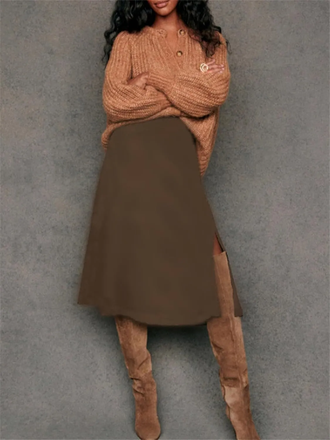 Women Chunky Knit Cardigan Y2k Long Latern Sleeve Crew Neck Button Up Open Front Cable Knitted Short Sweater Jackets