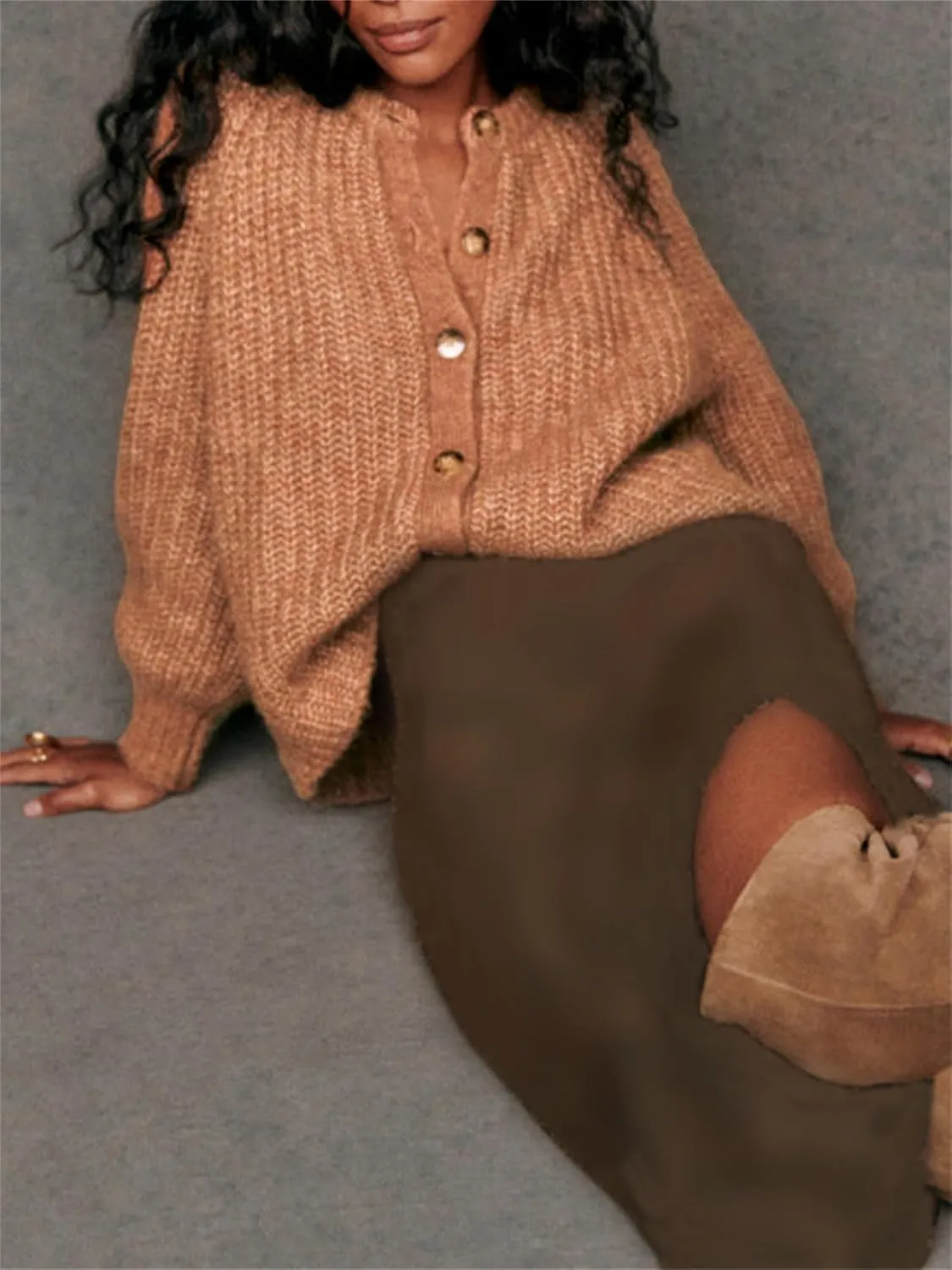 Women Chunky Knit Cardigan Y2k Long Latern Sleeve Crew Neck Button Up Open Front Cable Knitted Short Sweater Jackets