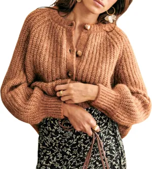 Women Chunky Knit Cardigan Y2k Long Latern Sleeve Crew Neck Button Up Open Front Cable Knitted Short Sweater Jackets