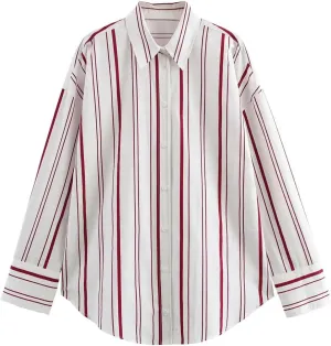 Women Elegant Striped Blouse Poplin Comfortable Long Sleeve Shirt Lapel Button Office Lady Top