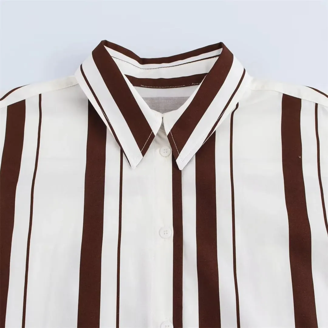 Women Elegant Striped Blouse Poplin Comfortable Long Sleeve Shirt Lapel Button Office Lady Top