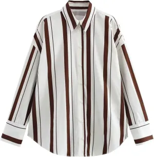 Women Elegant Striped Blouse Poplin Comfortable Long Sleeve Shirt Lapel Button Office Lady Top
