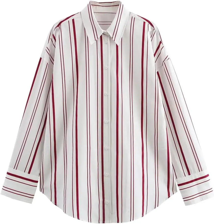 Women Elegant Striped Blouse Poplin Comfortable Long Sleeve Shirt Lapel Button Office Lady Top