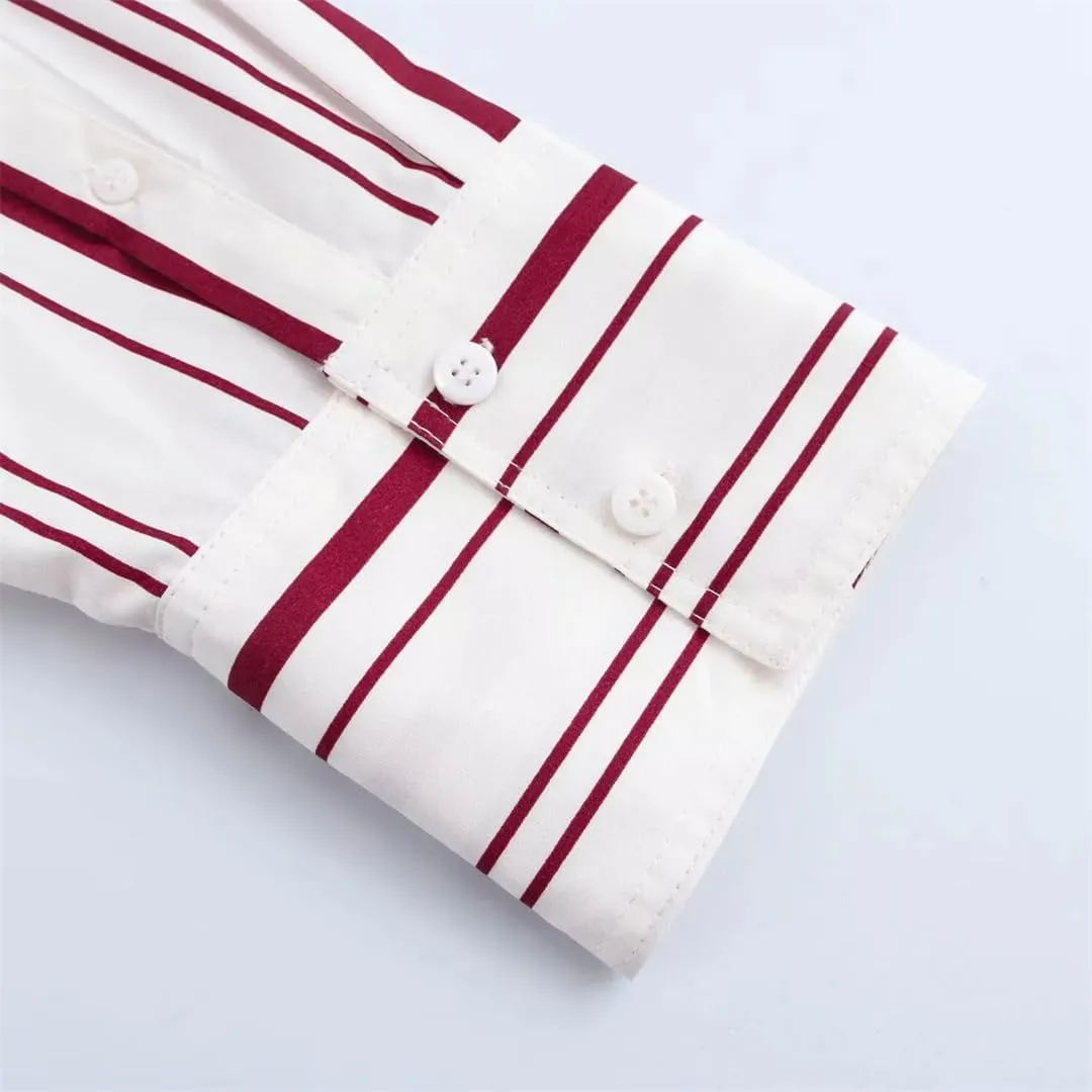 Women Elegant Striped Blouse Poplin Comfortable Long Sleeve Shirt Lapel Button Office Lady Top