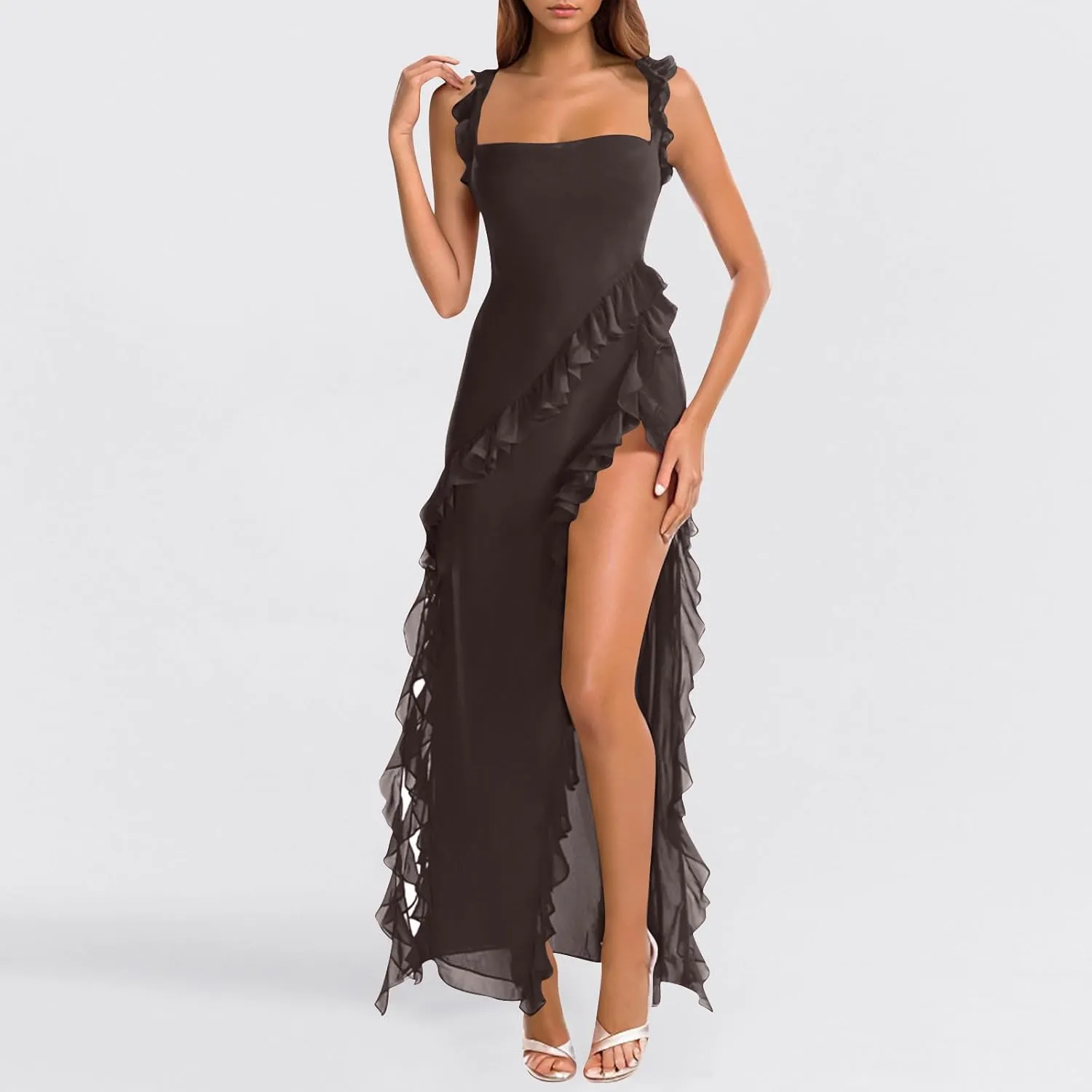 Women High Slit Ruffle Bodycon Maxi Dresses Wide Strap Square Neck Backless Evening Party Dress 2025 Fashion Clothes