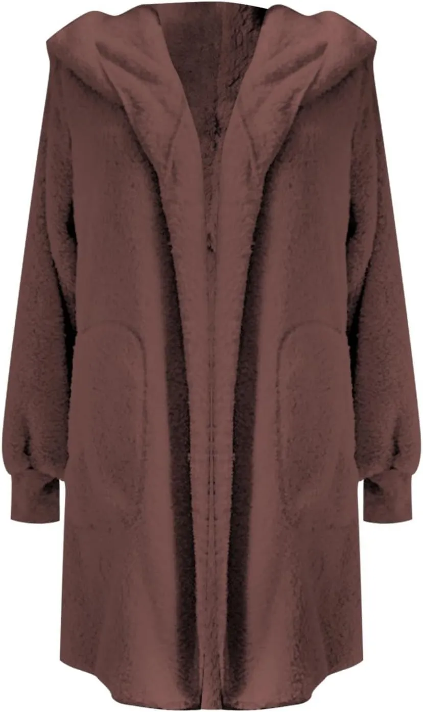Women Hooded Cardigan Fuzzy Jacket Sherpa Open Front Fleece Coat Warm Shaggy Fleece Tops Faux Fur Coats with Pocket
