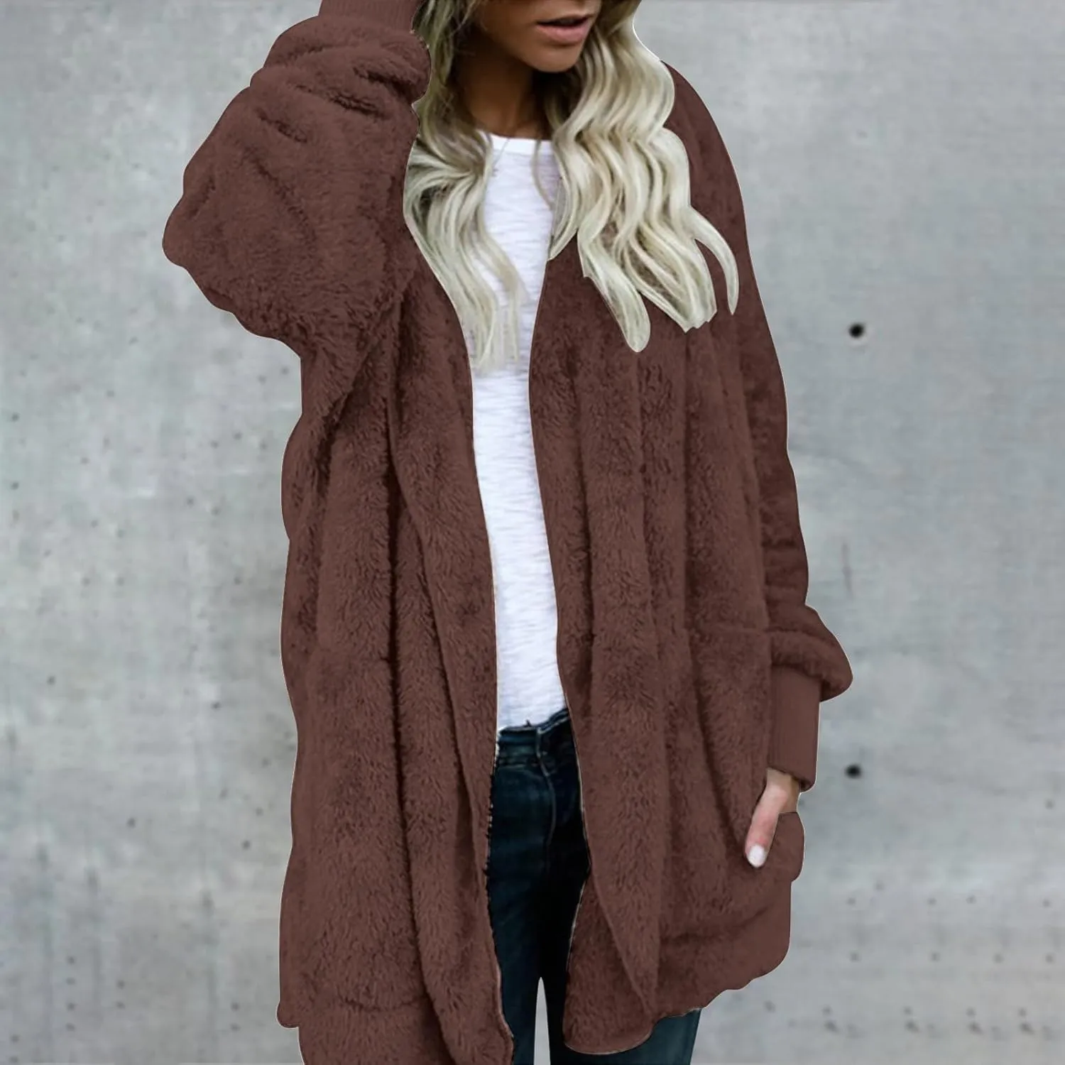 Women Hooded Cardigan Fuzzy Jacket Sherpa Open Front Fleece Coat Warm Shaggy Fleece Tops Faux Fur Coats with Pocket