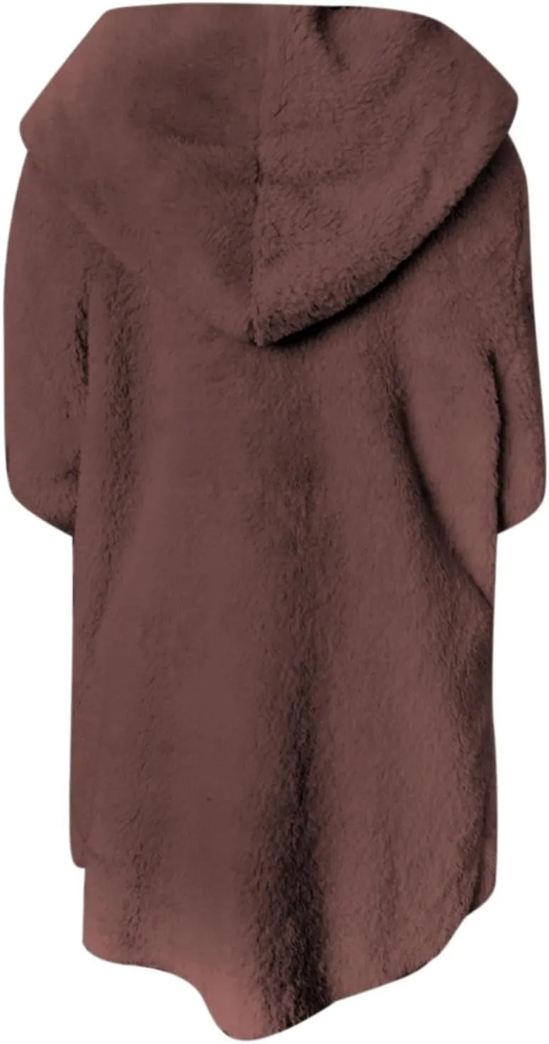 Women Hooded Cardigan Fuzzy Jacket Sherpa Open Front Fleece Coat Warm Shaggy Fleece Tops Faux Fur Coats with Pocket