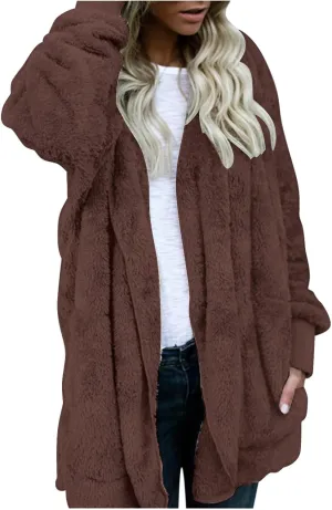 Women Hooded Cardigan Fuzzy Jacket Sherpa Open Front Fleece Coat Warm Shaggy Fleece Tops Faux Fur Coats with Pocket