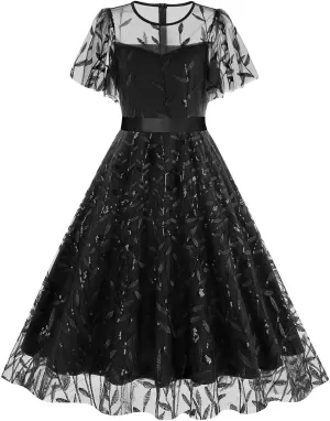 Women Mesh Floral Embroidery Vintage Cocktail Swing Dress Ruffle Sleeve Embroidered Floral Dress for Women Tulle Prom Dress