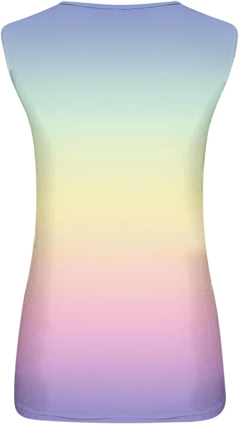 Women O Ring Shoulder Cute Tank Tops Casual Summer Loose Fit Sleeveless Shirt Gradient Scoop Neck Tunics Tees