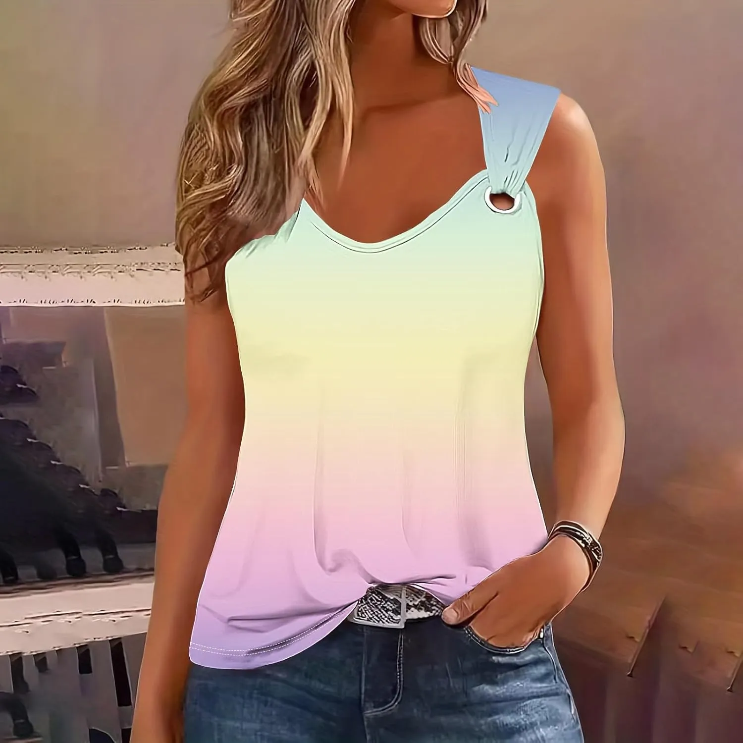 Women O Ring Shoulder Cute Tank Tops Casual Summer Loose Fit Sleeveless Shirt Gradient Scoop Neck Tunics Tees
