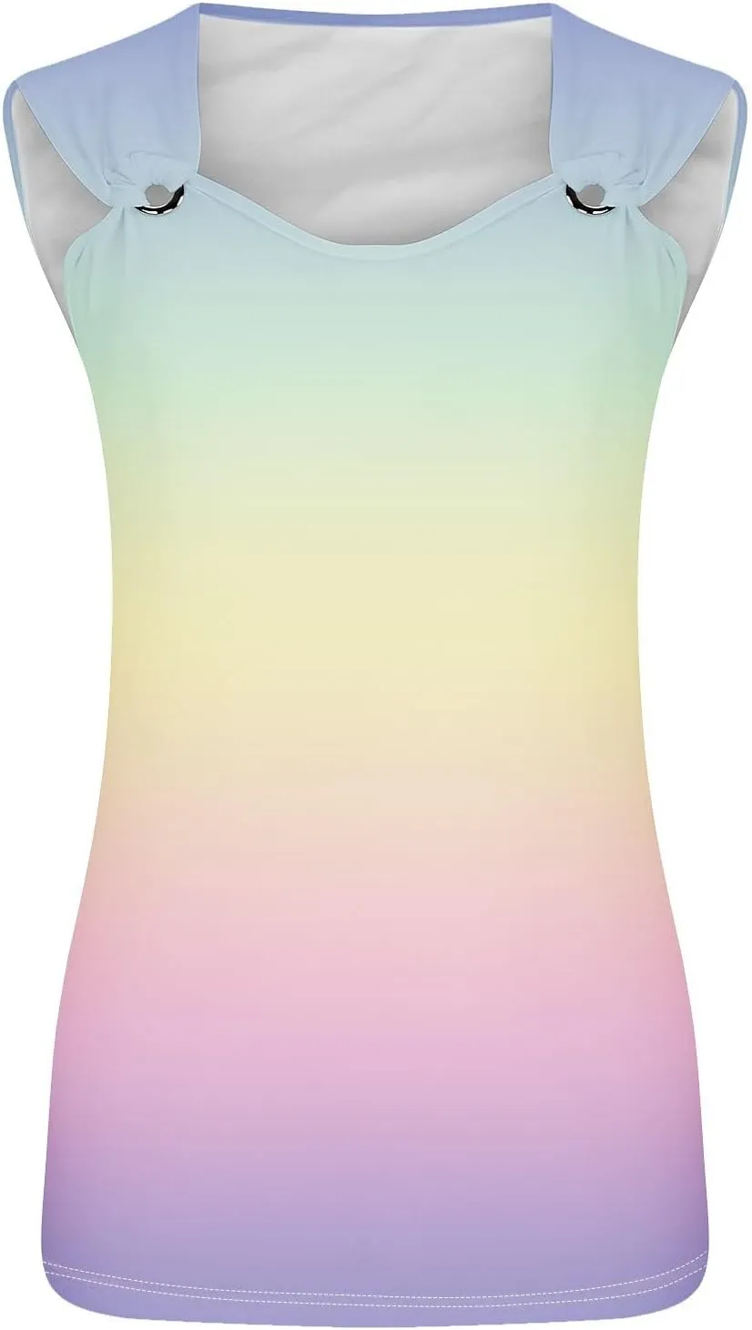 Women O Ring Shoulder Cute Tank Tops Casual Summer Loose Fit Sleeveless Shirt Gradient Scoop Neck Tunics Tees