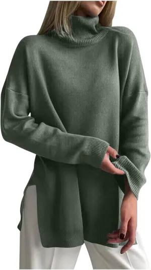 Women Oversized Turtleneck Sweater Classic Long Batwing Sleeve Split Hem Solid Pullover Sweater 2024 Trendy Clothes