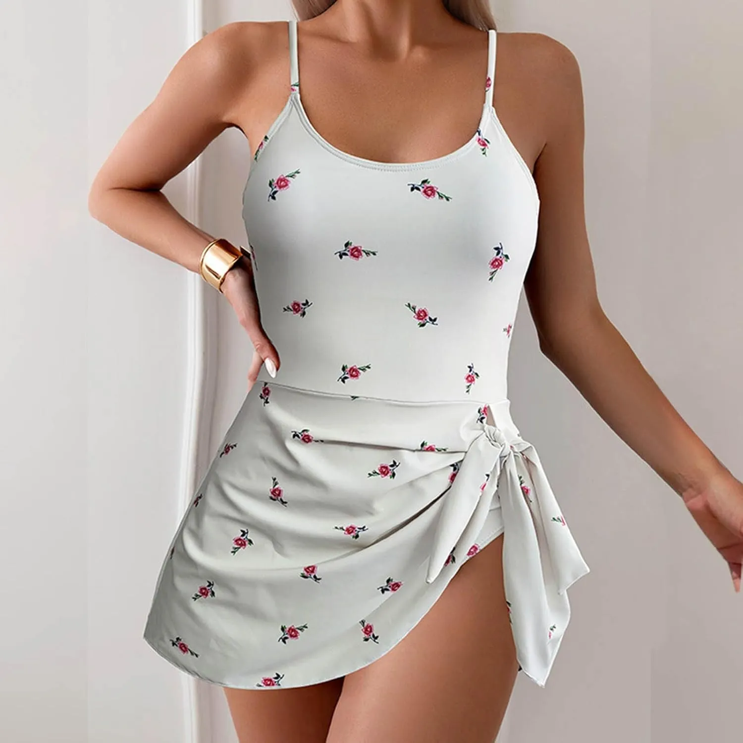 Women Sexy One Piece Swim Dress Summer Floral Printed Strap Tie Backless Bathing Suits Fashion Beach Party Swimsuits