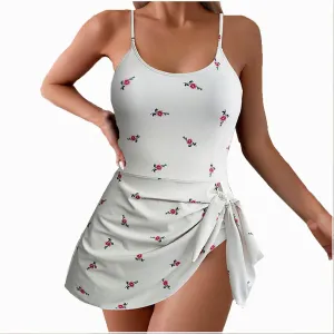 Women Sexy One Piece Swim Dress Summer Floral Printed Strap Tie Backless Bathing Suits Fashion Beach Party Swimsuits