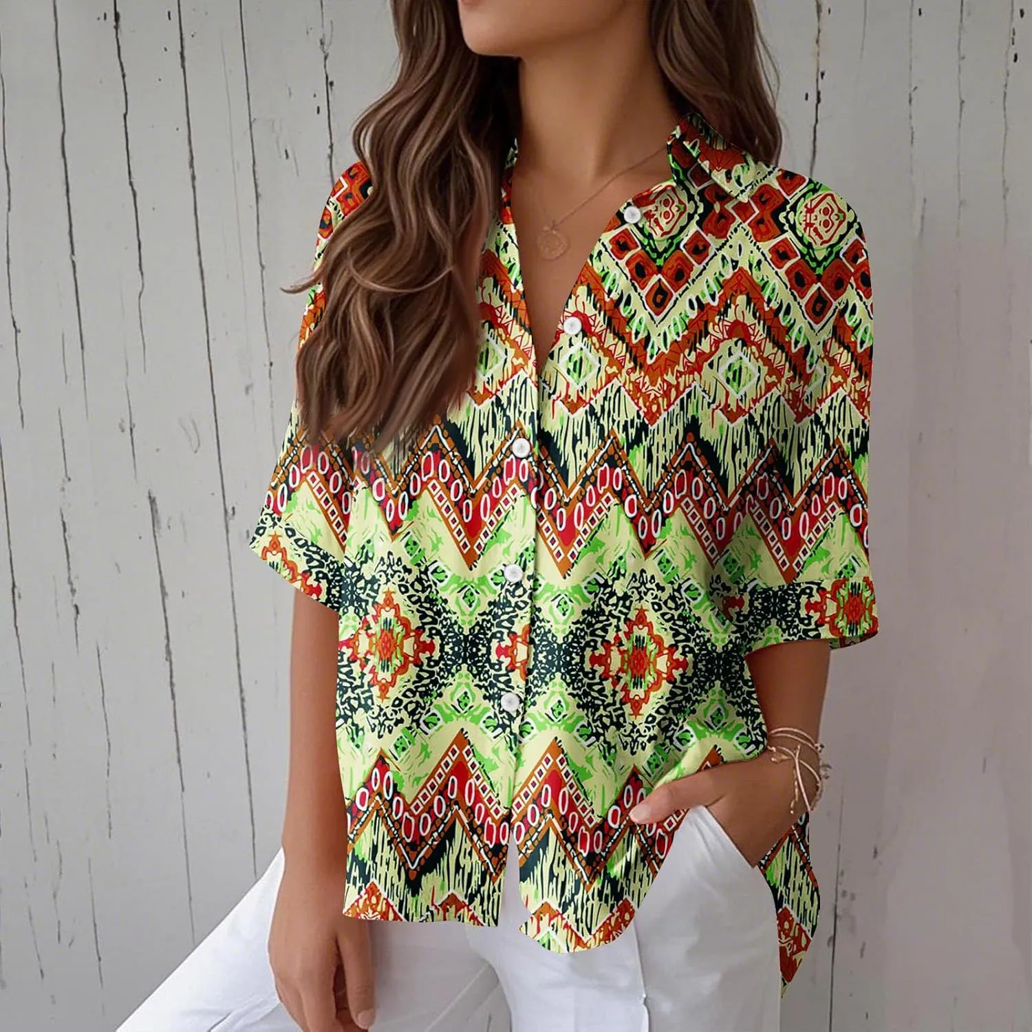 Women Short Sleeve Shirts Button-Down Trendy 2025 Summer Linen Cute Tops Going Out Floral Print Dressy Casual Blouses