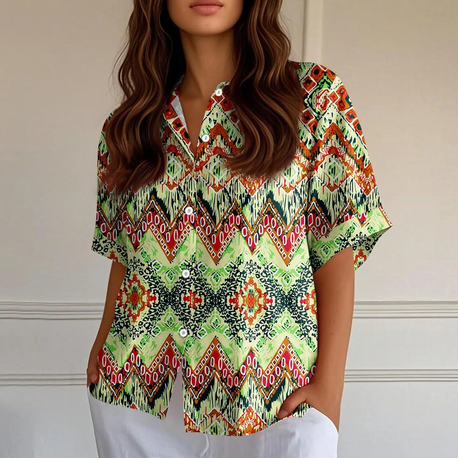 Women Short Sleeve Shirts Button-Down Trendy 2025 Summer Linen Cute Tops Going Out Floral Print Dressy Casual Blouses