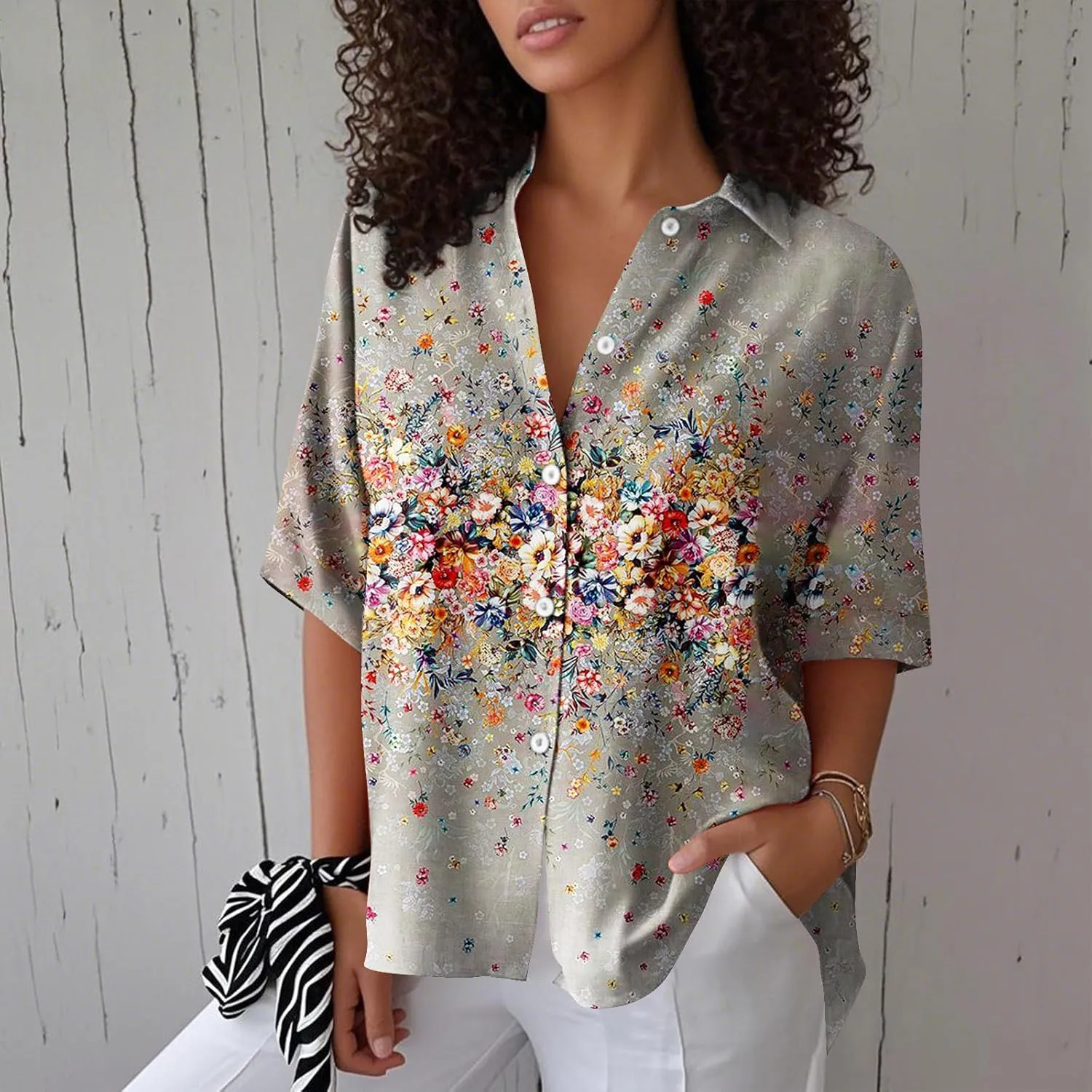 Women Short Sleeve Shirts Button-Down Trendy 2025 Summer Linen Cute Tops Going Out Floral Print Dressy Casual Blouses