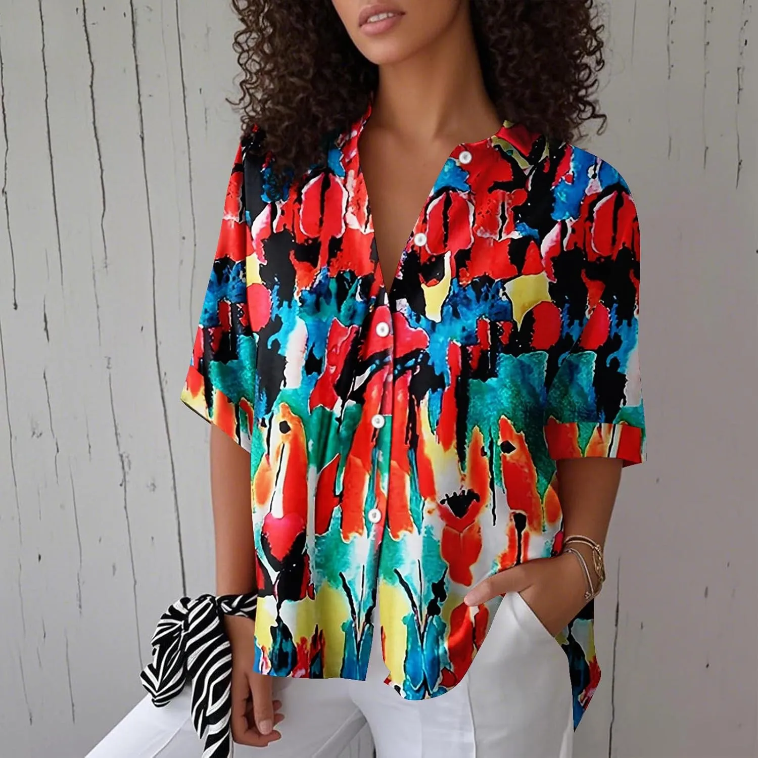 Women Short Sleeve Shirts Button-Down Trendy 2025 Summer Linen Cute Tops Going Out Floral Print Dressy Casual Blouses