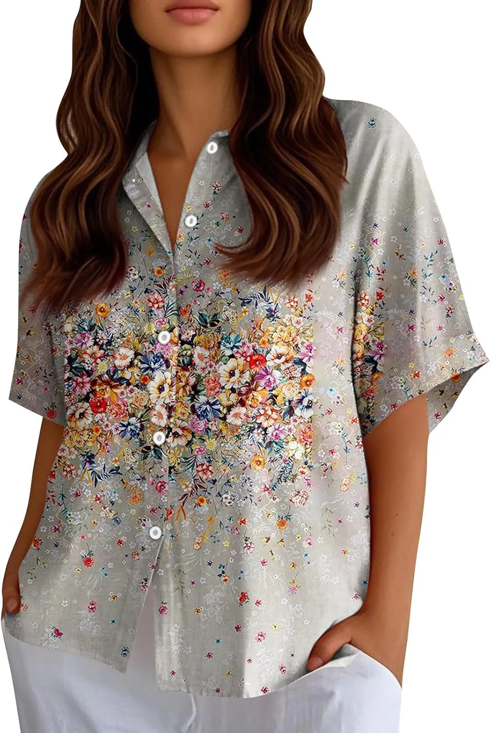 Women Short Sleeve Shirts Button-Down Trendy 2025 Summer Linen Cute Tops Going Out Floral Print Dressy Casual Blouses