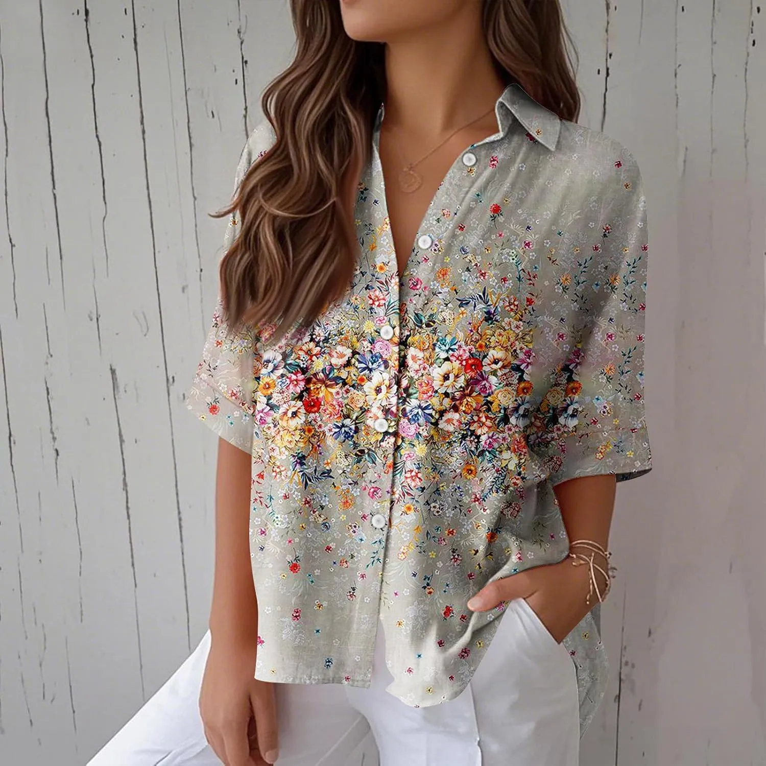 Women Short Sleeve Shirts Button-Down Trendy 2025 Summer Linen Cute Tops Going Out Floral Print Dressy Casual Blouses