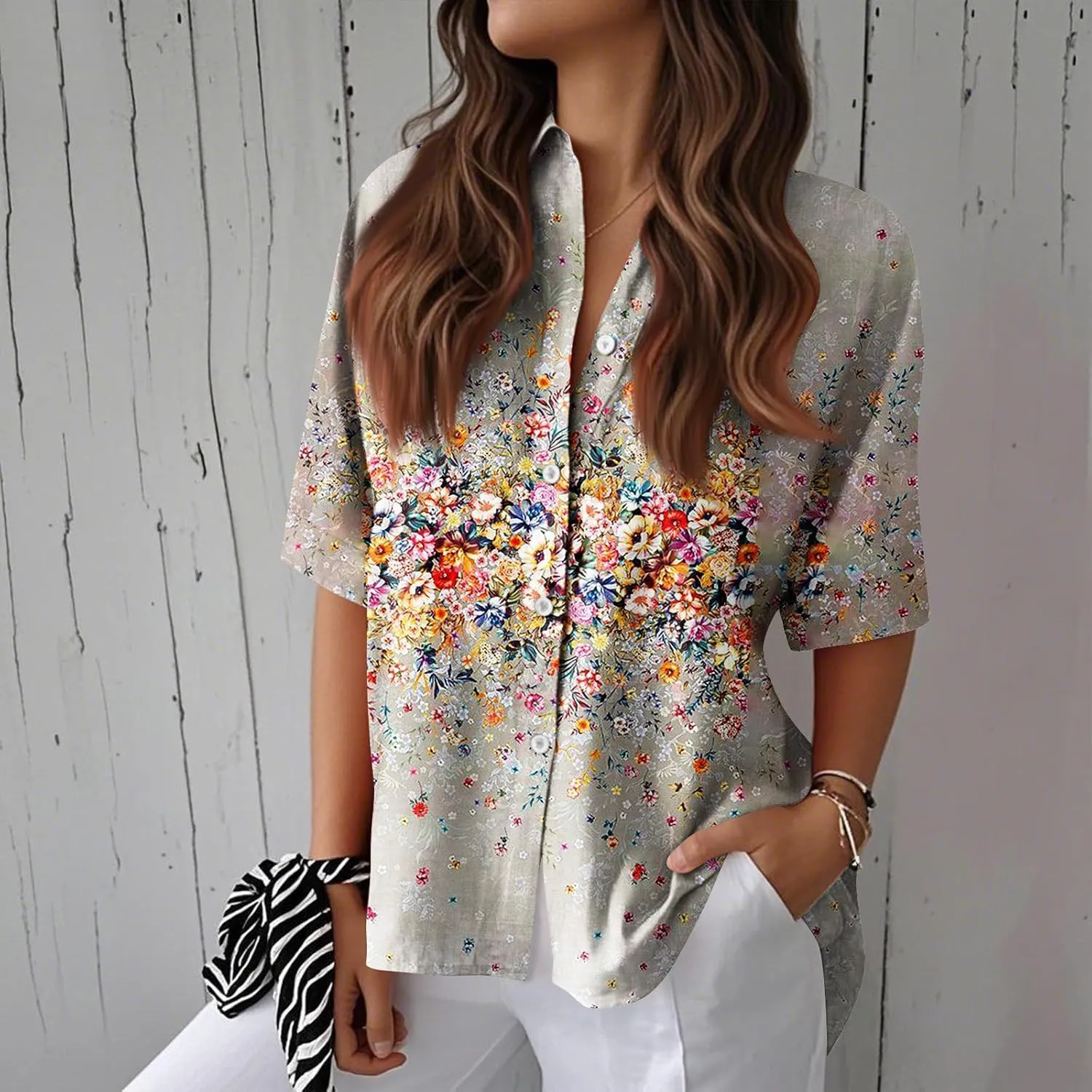 Women Short Sleeve Shirts Button-Down Trendy 2025 Summer Linen Cute Tops Going Out Floral Print Dressy Casual Blouses