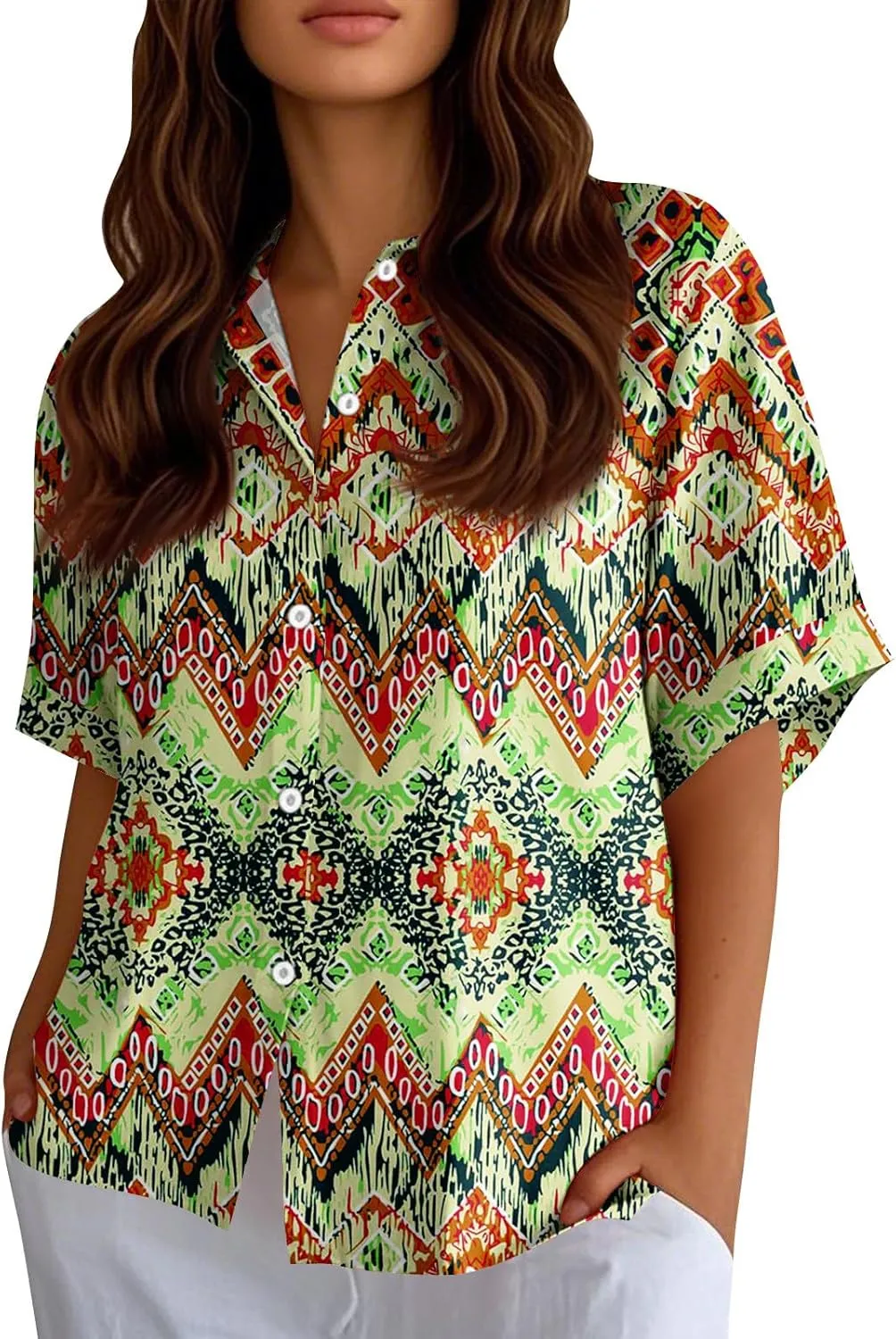 Women Short Sleeve Shirts Button-Down Trendy 2025 Summer Linen Cute Tops Going Out Floral Print Dressy Casual Blouses