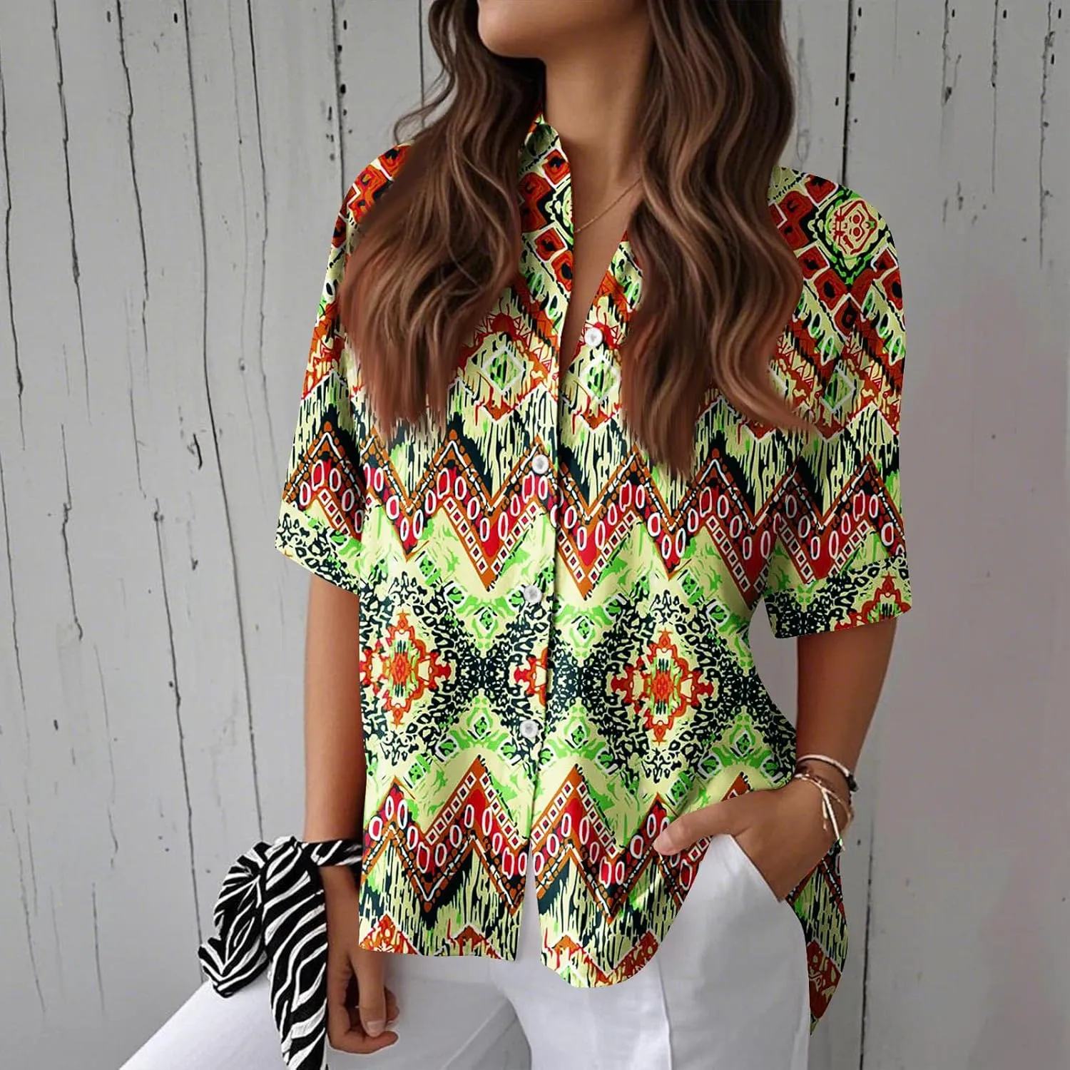Women Short Sleeve Shirts Button-Down Trendy 2025 Summer Linen Cute Tops Going Out Floral Print Dressy Casual Blouses