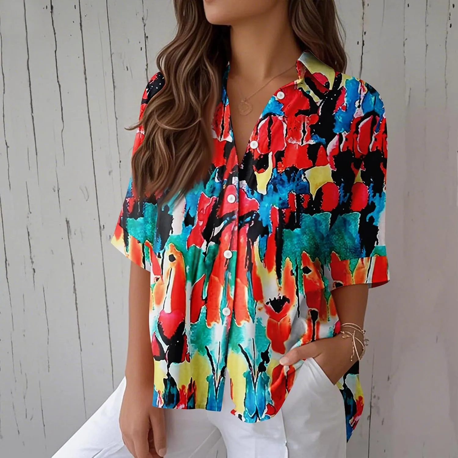 Women Short Sleeve Shirts Button-Down Trendy 2025 Summer Linen Cute Tops Going Out Floral Print Dressy Casual Blouses
