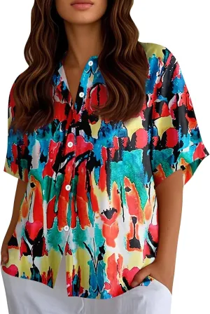 Women Short Sleeve Shirts Button-Down Trendy 2025 Summer Linen Cute Tops Going Out Floral Print Dressy Casual Blouses