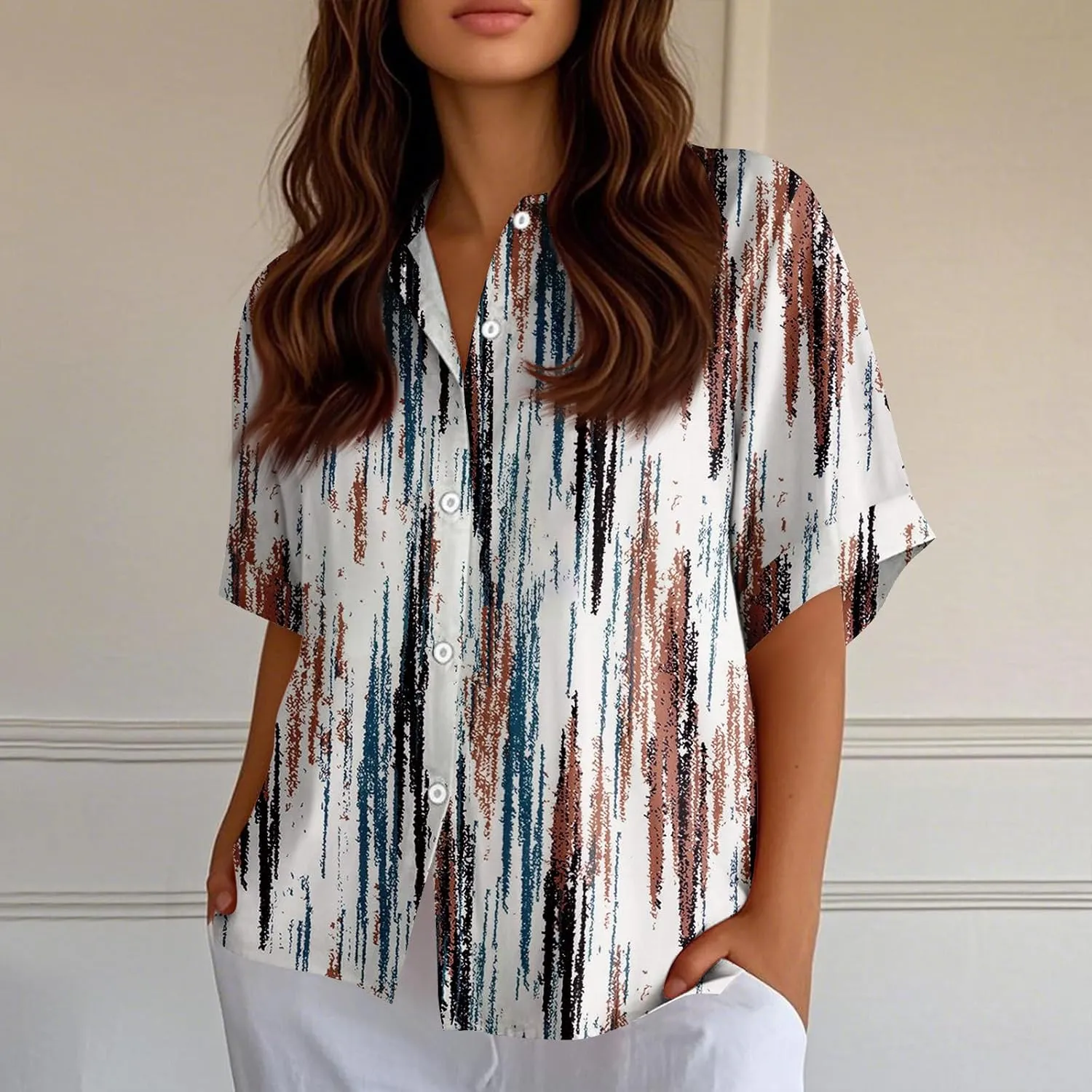 Women Short Sleeve Shirts Button-Down Trendy 2025 Summer Linen Cute Tops Going Out Floral Print Dressy Casual Blouses
