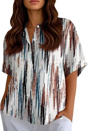 Women Short Sleeve Shirts Button-Down Trendy 2025 Summer Linen Cute Tops Going Out Floral Print Dressy Casual Blouses