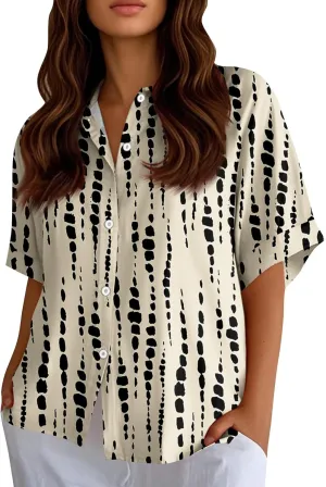 Women Short Sleeve Shirts Button-Down Trendy 2025 Summer Linen Cute Tops Going Out Floral Print Dressy Casual Blouses
